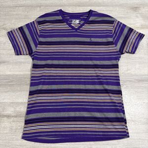 Pacific Flyer Shirt Men's Purple Gray Striped V Neck Short Sleeve Large Cotton